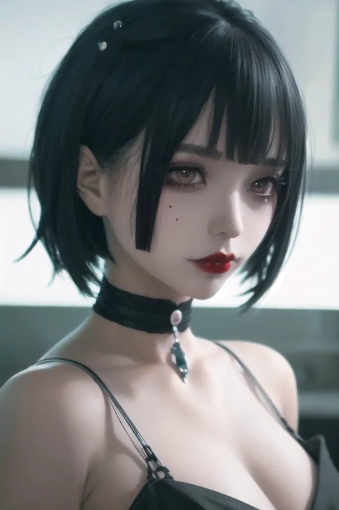 The image is a digital painting of a young woman with short black hair and red lips. She is wearing a black choker with a pendant. The image is cropped at the shoulders, and the background is a blur of light and dark colors. The woman's expression is serious and thoughtful.