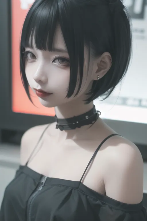 The image is a digital painting of a young woman with short black hair and dark eyes. She is wearing a black off-the-shoulder dress and a black choker. The background is a blur of light and dark colors. The woman's expression is serious and thoughtful.