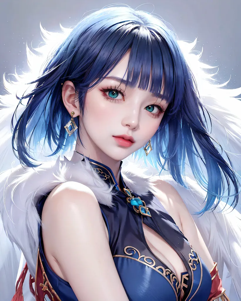 The picture shows a young woman with blue hair and blue eyes. She is wearing a blue and white dress with a white fur collar. There are also some golden decorations on her dress. She is looking at the viewer with a serious expression. Her hair is long and flowing, and she has a small ahoge on the top of her head. She is wearing a pair of blue and gold earrings. The background is a light gray gradient.