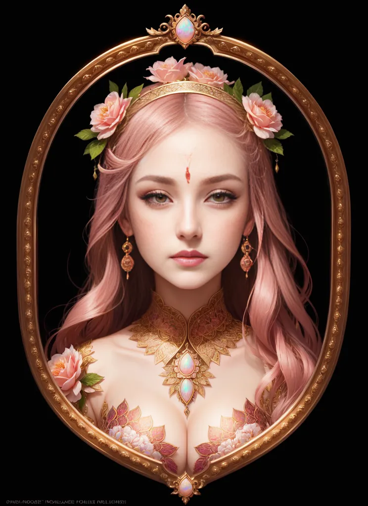 The image shows a young woman with pink hair and green eyes. She is wearing a golden necklace and a golden headpiece with pink flowers. She is also wearing pink flower earrings. The background is black. The woman is looking at the viewer with a serious expression.