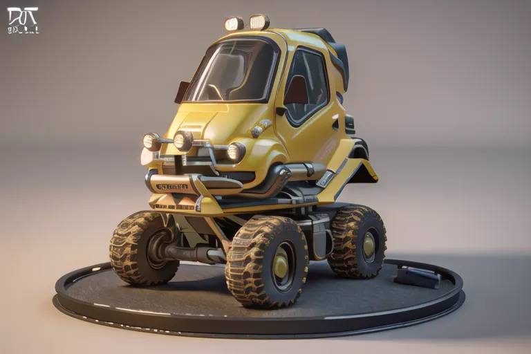 The image shows a yellow, futuristic, off-road vehicle. It has four large wheels, a small body, and a large windshield. The vehicle is also equipped with two headlights and two fog lights. The vehicle is sitting on a platform that is slightly elevated off the ground. The background is a light grey color and there is a small logo in the bottom left corner of the image.