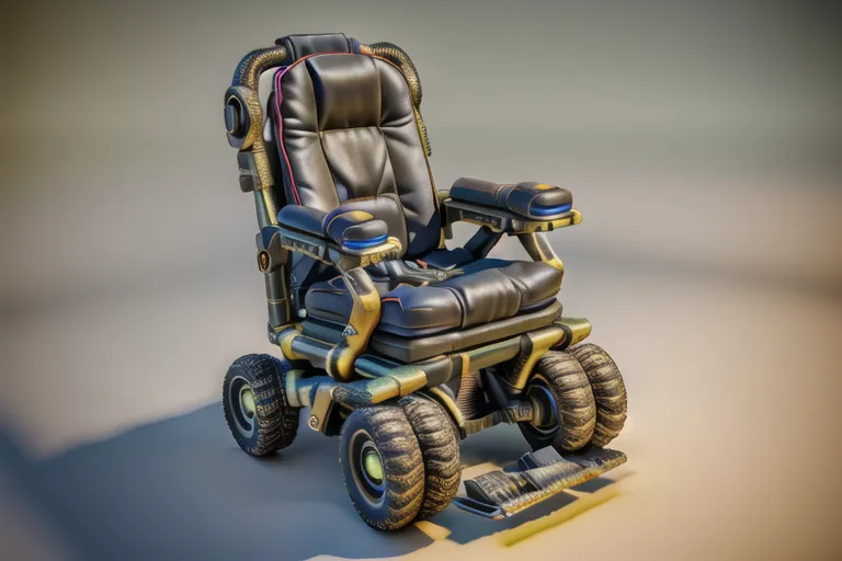 The image is a 3D rendering of a futuristic wheelchair. The wheelchair has a black leather seat and back with gold accents. It has four large wheels with thick treads, and the front wheels are equipped with suspension. The wheelchair also has a number of buttons and switches on the armrests, as well as a small screen on the right armrest.