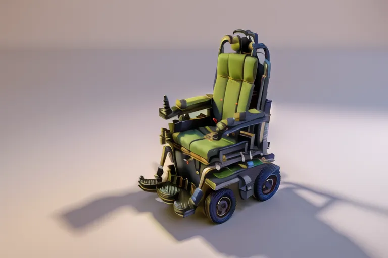 L'image montre un fauteuil roulant futuriste au design épuré. Il a quatre roues, dont deux sont plus petites que les deux autres. Le siège est vert et noir et a un appuie-tête. Le fauteuil roulant a également un panneau de commande sur l'accoudoir droit.