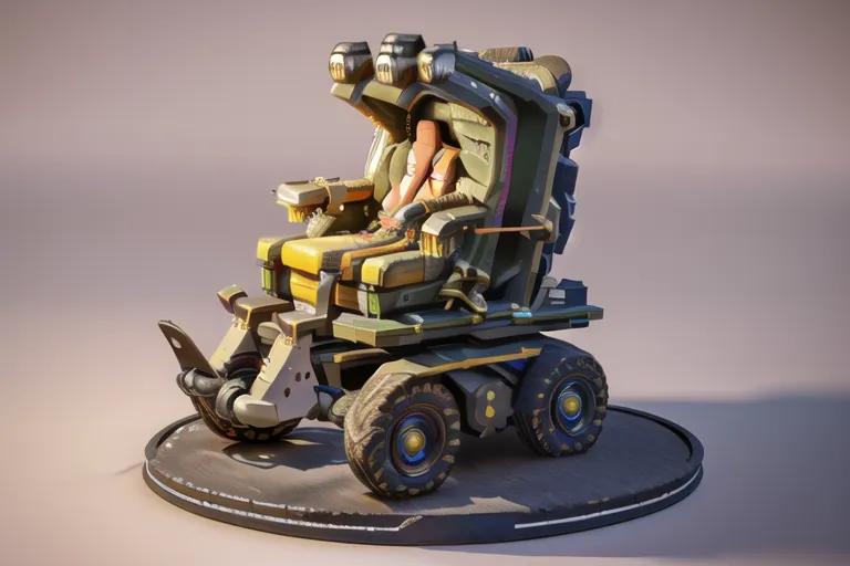 The image shows a futuristic wheelchair-like vehicle. It has four wheels and a seat with a high back and a headrest. The vehicle is made of metal and has a green and brown color scheme. There is a control panel on the right armrest. The vehicle is also equipped with a weapon, which is mounted on the front.