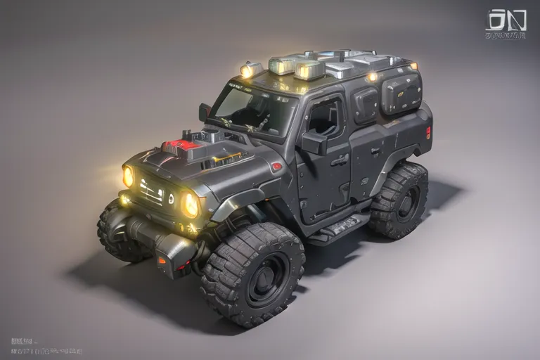 The image is a digital painting of a black military vehicle. It has four wheels, a large engine, and a roof rack. The vehicle is also equipped with a number of weapons, including a machine gun and a missile launcher. The vehicle is parked in a dark, underground garage. There is a light on the ceiling of the garage, which is illuminating the vehicle. The vehicle is also covered in mud and dirt, which suggests that it has been driven through rough terrain.