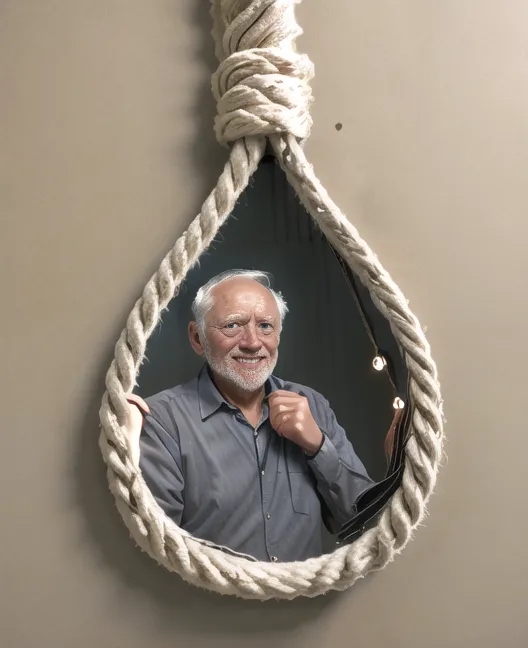 This is an image of a mirror shaped like a hangman's noose. The noose is made of rope and is hanging from a hook in the wall. The mirror is reflecting the image of a man. The man is smiling and has his hand on his chin. He is wearing a gray shirt and has a beard. The image is taken from a low angle, which makes the man appear larger and more imposing. The background is a light brown color, which creates a sense of contrast with the dark colors of the noose and the man's hair. The overall effect of the image is one of unease and foreboding.