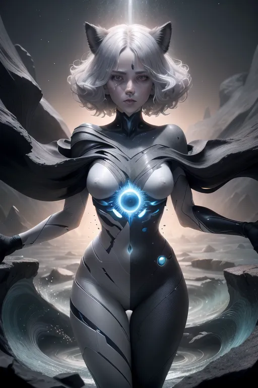 The image is of a beautiful woman with cat ears. She is wearing a white and gray bodysuit with a blue orb in the center of her chest. She has a confident expression on her face and is standing in a powerful pose. The background is a dark, rocky landscape with a stormy sea.