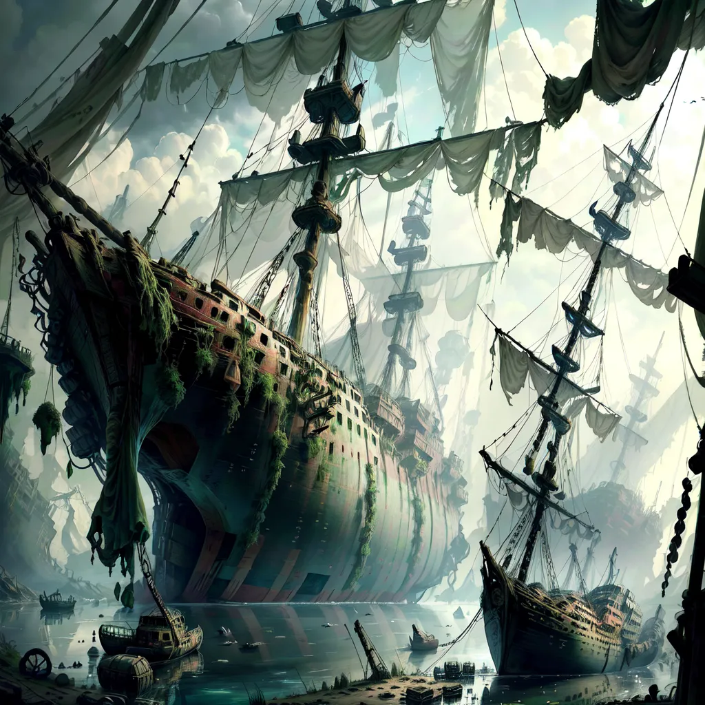 The image shows a group of abandoned and rotting ships in a large body of water. The ships are of various sizes and types. Some of the ships are wooden, while others are made of metal. The ships are all in various states of disrepair. Some of the ships are still relatively intact, while others are little more than hulks.  The water is murky and still. The sky is cloudy and overcast. The scene is one of desolation and abandonment.