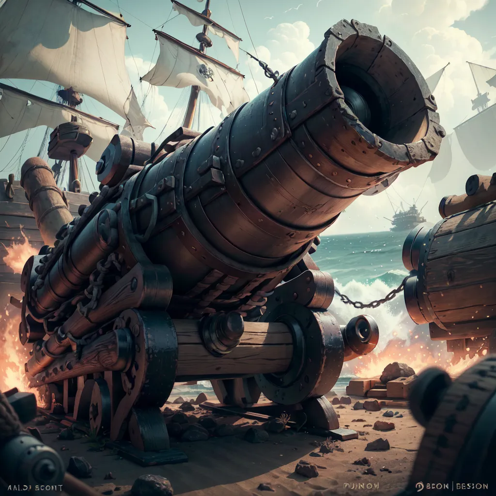 The image shows a large cannon on a pirate ship. The cannon is made of wood and metal, and it is mounted on a wooden carriage. The cannon is pointed out to sea, and there is a large hole in the side of the ship where the cannonball has just been fired. There are several other cannons on the ship, and there are sailors running around, preparing for battle. The ship is in a rough sea, and the waves are crashing against the side of the ship. In the background, there is another ship, which is probably the target of the cannon fire.