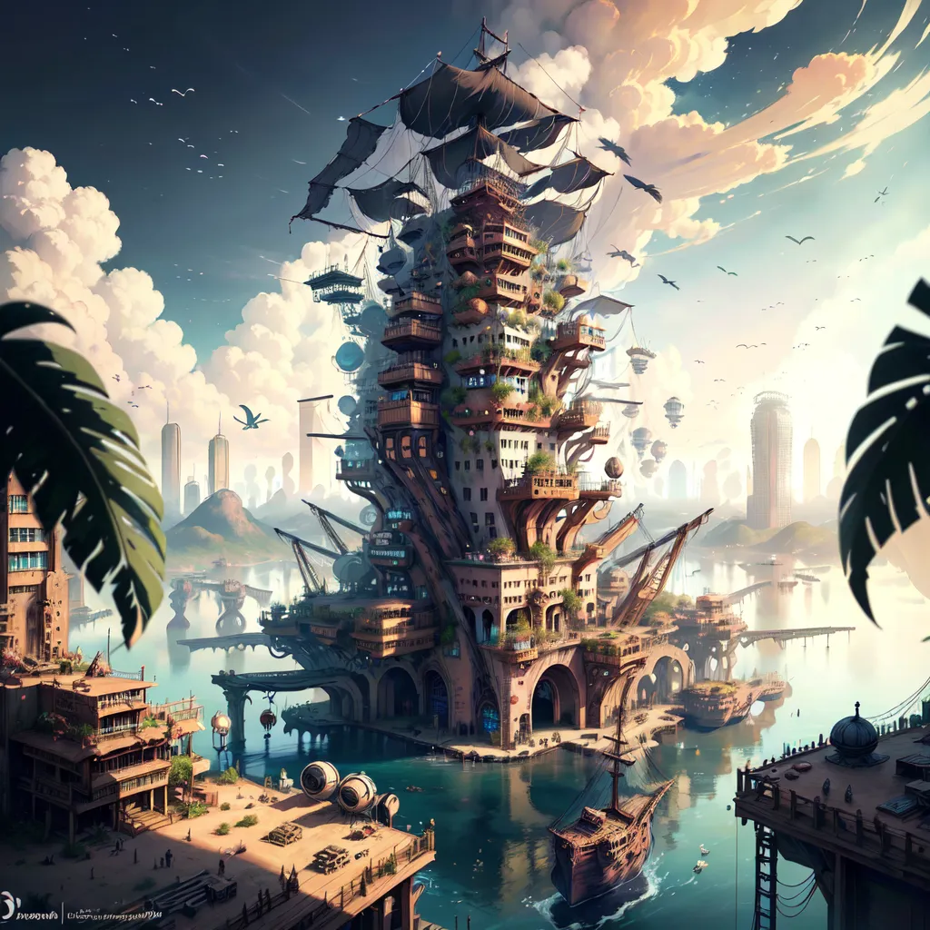 The image is a fantasy steampunk city built on and around a large ship. The ship is surrounded by a number of smaller buildings and structures, all of which are connected by walkways and bridges. The city is built on a series of platforms that are supported by large columns. There are a number of trees and other plants growing on the platforms, and the city is surrounded by a large body of water. The sky is blue and there are a number of clouds in the distance.