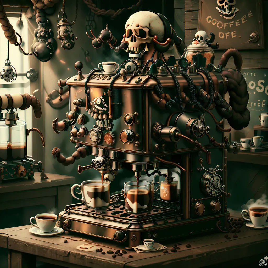 The image is a steampunk-themed coffee machine. It is made of metal and has a skull for a head. The machine has a large number of tubes and wires attached to it. It is also decorated with various steampunk accessories, such as gears, cogs, and rivets. The machine is sitting on a wooden table and there are two cups of coffee on the table. There is a sign on the wall behind the machine that says \