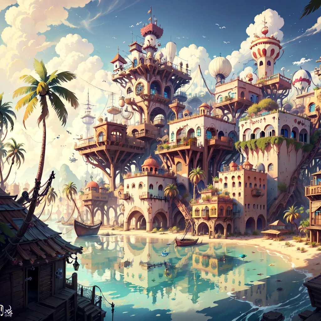 The image is a beautiful depiction of a tropical island with a bustling city built on stilts over the water. The city is made up of a variety of buildings, including houses, shops, and temples. There are also a number of boats docked in the harbor. The water is a clear blue-green color, and the sky is a light blue with a few white clouds. The island is surrounded by palm trees and other lush vegetation. There are people walking around on the docks and in the streets of the city. The image is full of life and activity.