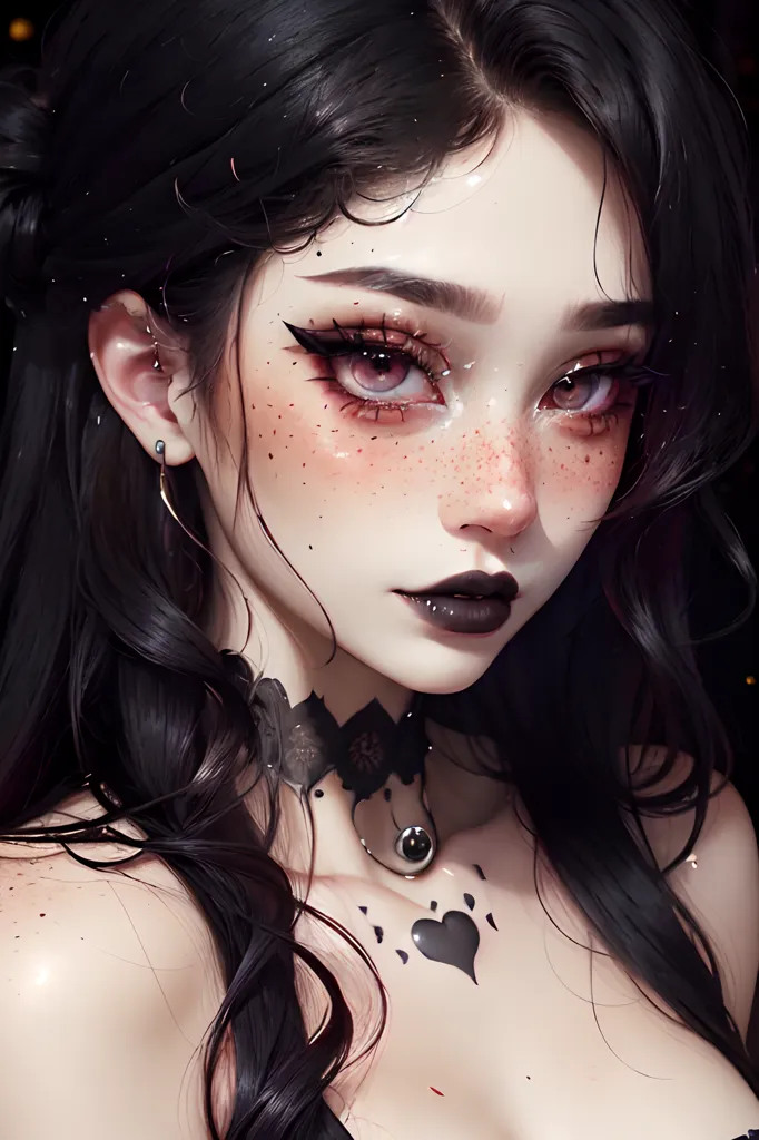 The image is a portrait of a young woman with long black hair, dark purple lipstick, and pale skin. She is wearing a black choker with a heart-shaped pendant. There are freckles on her face and her eyes are pink with black eyeliner. She is looking at the viewer with her head tilted slightly to the right.