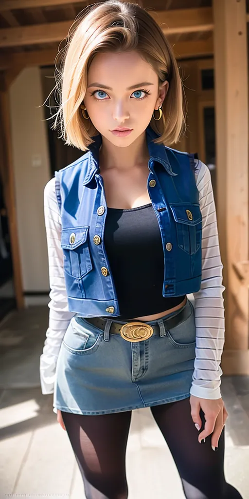 The image shows a young woman with short blonde hair and blue eyes. She is wearing a blue denim vest, a black crop top, a denim skirt, and black stockings. She is also wearing a brown belt with a gold buckle and hoop earrings. She is standing in a room with a wooden floor and a door in the background.