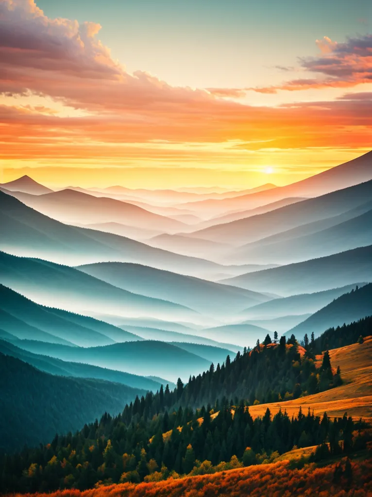 L'image montre un magnifique paysage de montagne avec un coucher de soleil vibrant. Le ciel est en feu de couleurs, avec des oranges, des jaunes et des roses se mélangeant pour créer un décor époustouflant pour la scène. Les montagnes sont recouvertes d'une végétation luxuriante. Au premier plan, il y a une colline couverte de hautes herbes. Un arbre se dresse seul sur la colline, en silhouette contre le ciel. La scène est paisible et sereine, et elle évoque un sentiment de émerveillement et d'admiration.