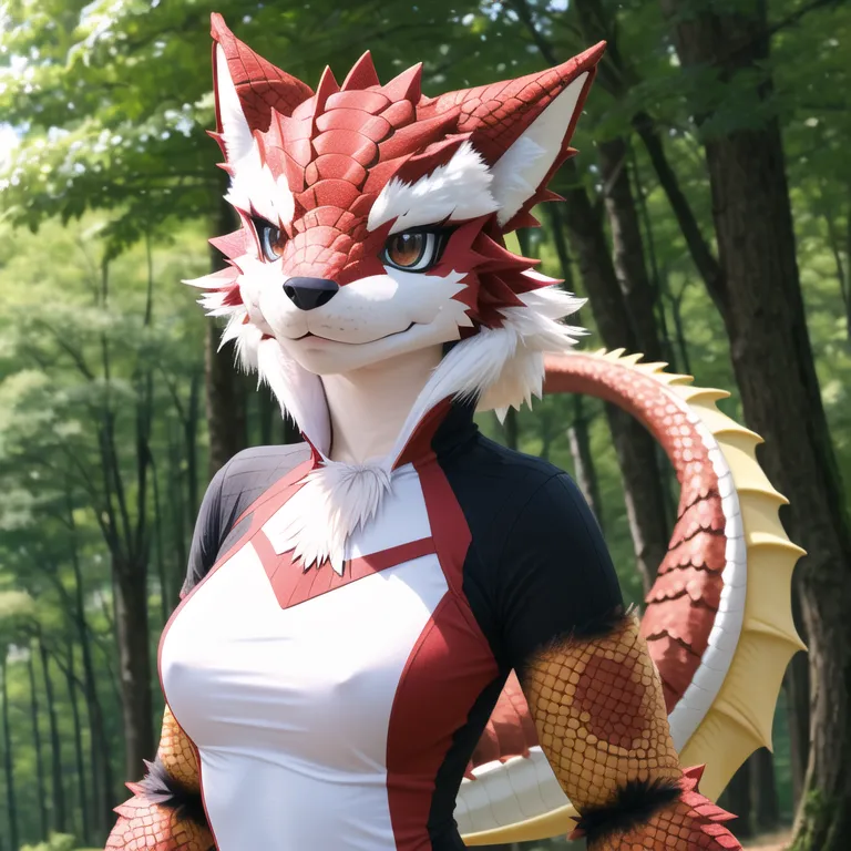 The image shows a red and white furry creature with dragon-like features. It is standing in a forest and looking at the camera. The creature has a long, serpentine body with a red and yellow striped tail. It also has large, pointed ears and a pair of horns on its head. The creature is wearing a white and red bodysuit.