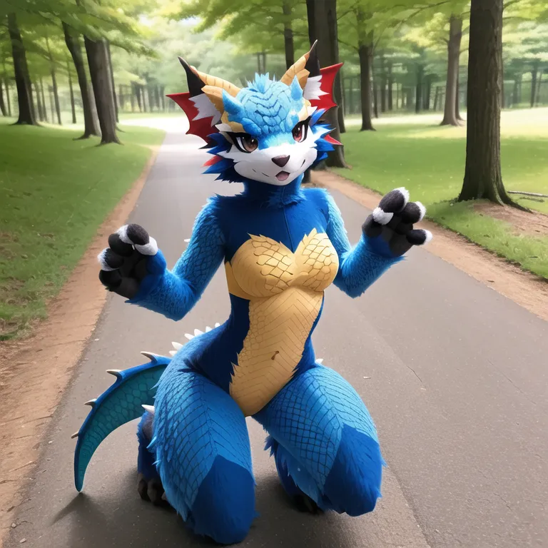 The image is of a blue dragon furry kneeling on a path in a park. The furry has a white belly and yellow chest. It has red and blue fins on its head and a long blue tail. It is looking at the viewer with a curious expression. The background of the image is a blurred park with trees and a path.