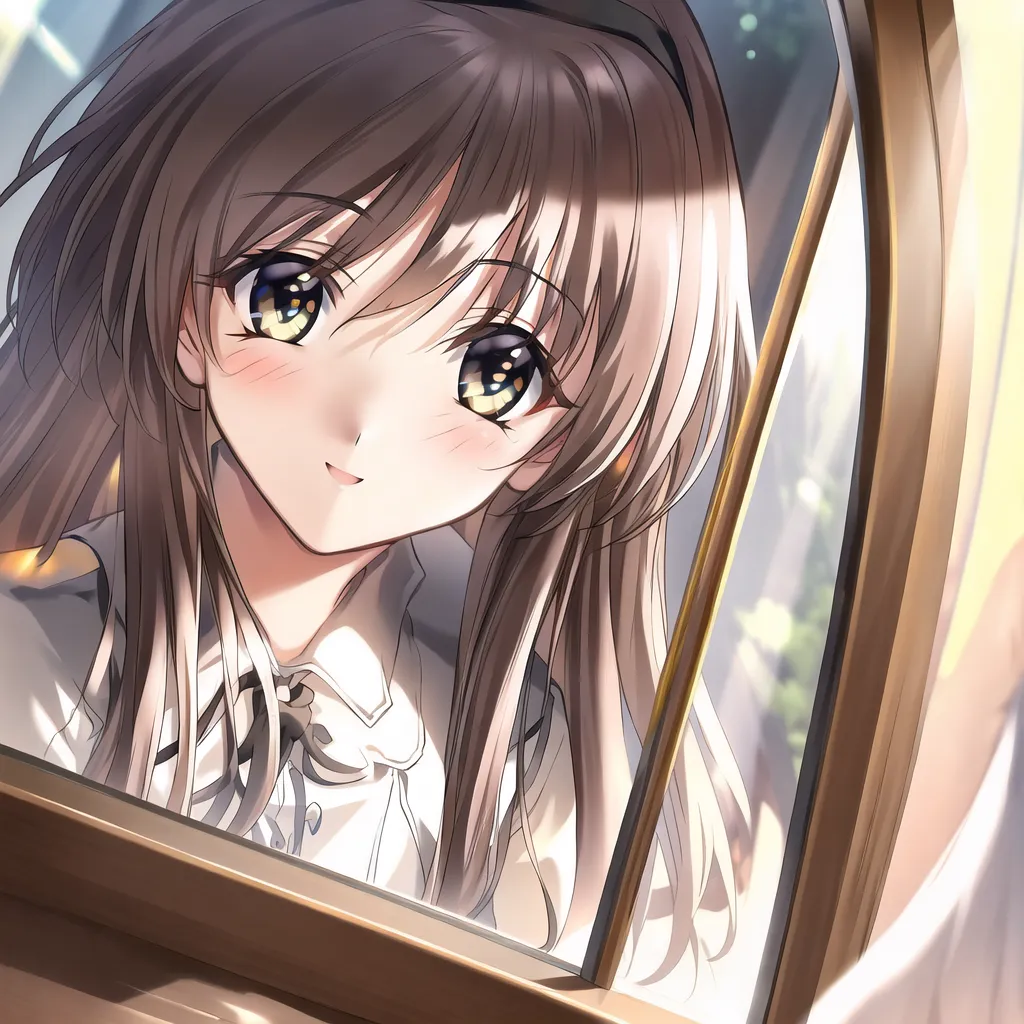 The image is a close-up of a young girl with long brown hair and yellow eyes. She is wearing a white shirt and has a gentle smile on her face. She is looking at the viewer through a window. The background is blurry, but it looks like there are trees and plants outside the window.