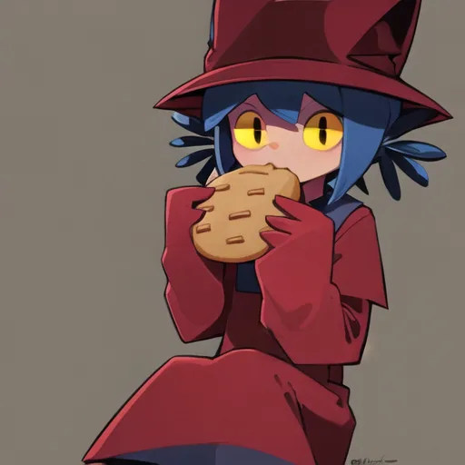 This image shows a young girl with blue hair and yellow eyes. She is wearing a red hat and a red dress. She is eating a cookie and looking to the right. The background is a dark gray color. The girl is sitting on a ledge with her legs hanging off. She has cat ears and a tail.