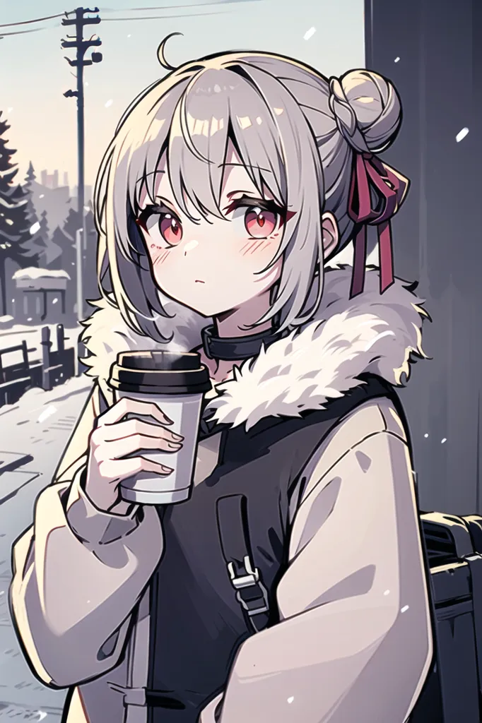 The image shows a young woman with silver hair and red eyes. She is wearing a white and gray jacket with a fur collar, a black shirt, and a red bow in her hair. She is holding a coffee cup in her right hand. It appears to be snowing outside.