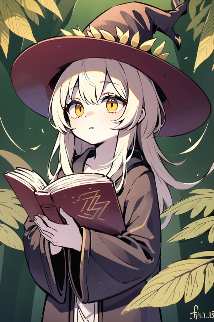 The image is of a young girl with long white hair and yellow eyes. She is wearing a brown witch hat with a flower crown and a dark purple dress with a white collar. She is holding a book with a strange symbol on the cover. She is standing in a forest, surrounded by green leaves.