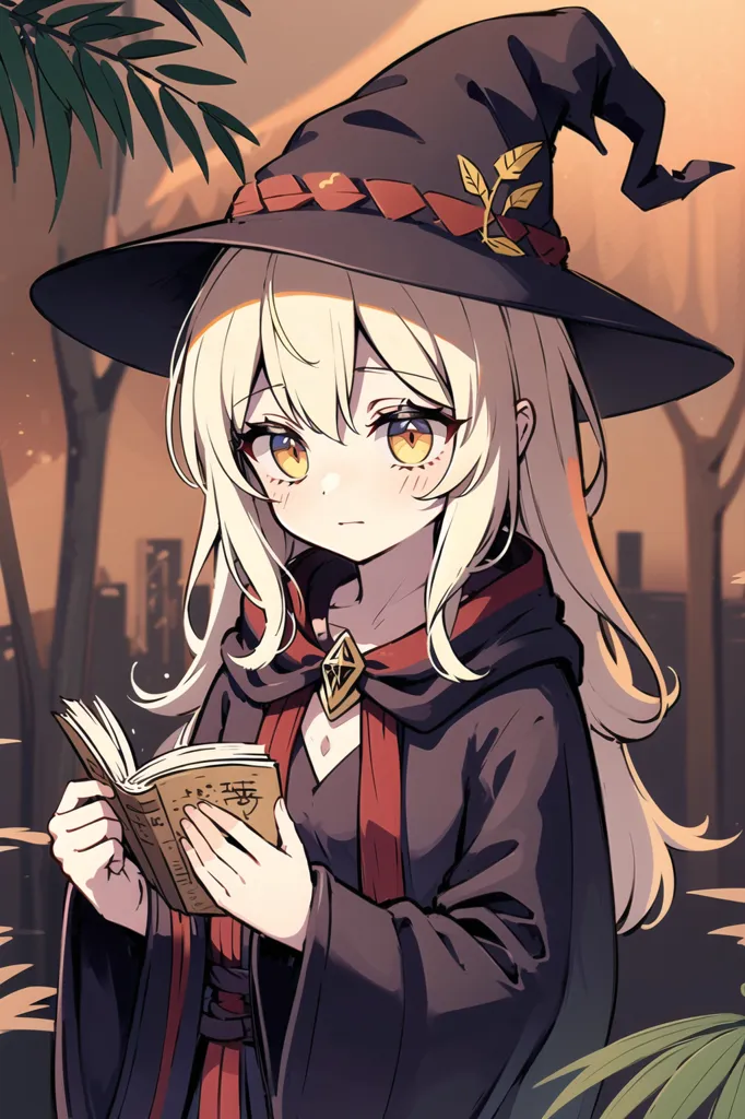 The image is of a young girl with long blonde hair and yellow eyes. She is wearing a witch's hat and a black cloak with red trim. She is holding a book in her hands and standing in a forest. The background is blurry, but it looks like there are trees and mountains in the distance. The girl is looking at the viewer with a slightly puzzled expression on her face.