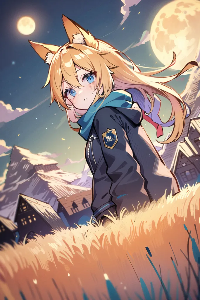 The image is of a young girl with long blonde hair and fox ears. She is wearing a blue jacket and a white shirt. She is standing in a field of tall grass, and there is a village in the distance. The sky is blue, and there are two moons. The girl is looking at the viewer with a shy expression.