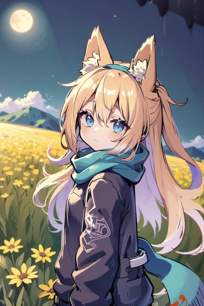 The image is of an anime-style girl with long blonde hair and blue eyes. She is wearing a gray jacket with a white scarf and has fox ears and a fox tail. She is standing in a field of yellow flowers, and there is a full moon in the sky. The background is a mountain range.