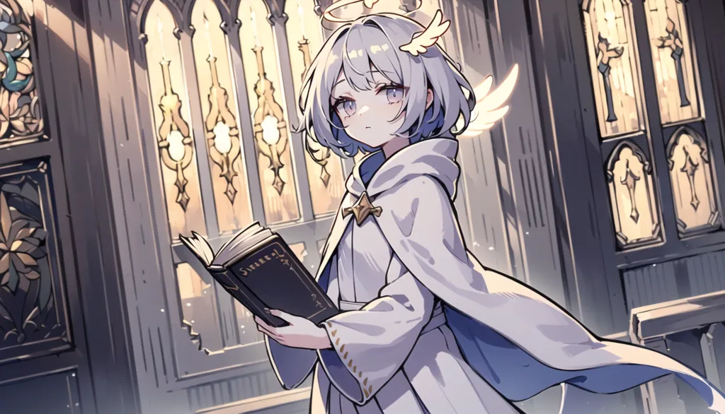 The image is of a young girl with short white hair and blue eyes. She is wearing a white and blue robe with a white halo over her head and angel wings on her back. She is standing in a church with a book in her hand. The church is decorated with stained glass windows and candles.