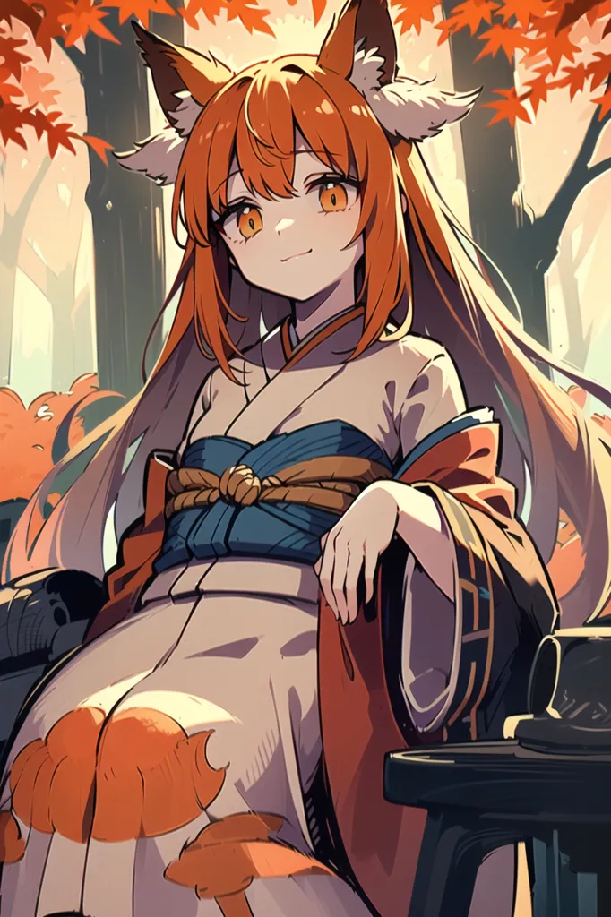 The image is of a young woman with long orange hair and fox ears. She is wearing a kimono and sitting on a rock in a forest. The leaves on the trees are turning red and orange, and there is a small shrine in the background. The woman is smiling and has a gentle expression on her face. She is holding a teacup in her right hand.