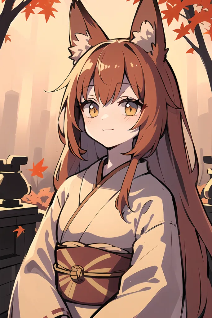 The image is of an anime-style girl with long brown hair and fox ears. She is wearing a traditional Japanese kimono with a red and white obi. The girl is standing in a forest of red maple trees. The sun is setting, and the leaves of the trees are turning a fiery red. The girl has a serene smile on her face, and she seems to be enjoying the beauty of the autumn forest.