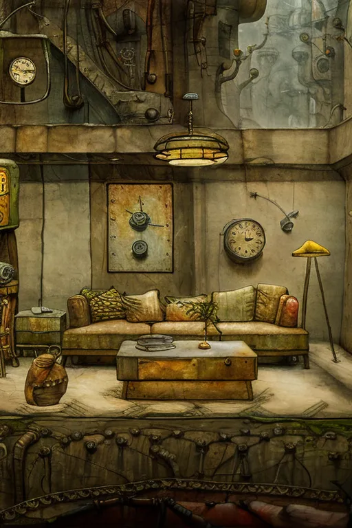 The image is a steampunk living room. The room is decorated with a variety of steampunk accessories, including clocks, gears, and pipes. There is a sofa, a table, and a lamp in the room. The sofa is made of leather and has a clock on the back. The table is made of wood and has a metal top. The lamp is made of metal and has a steampunk design. There is a backpack on the floor next to the sofa. The room is lit by a single light bulb.