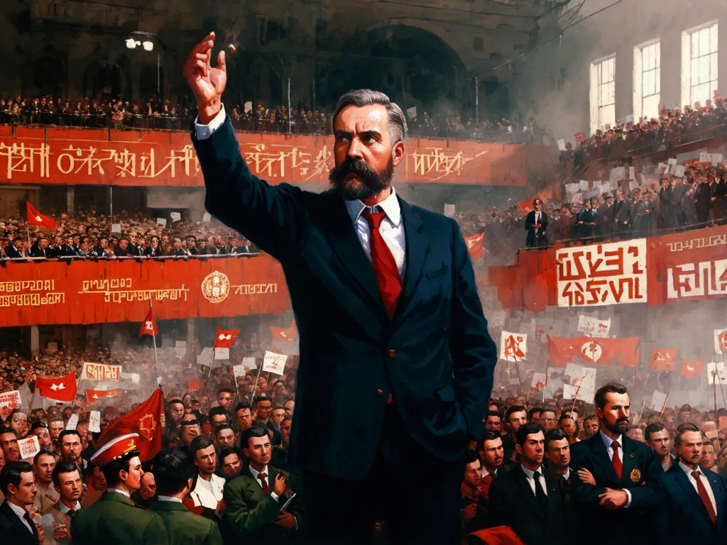 La imagen muestra a un hombre dando un discurso frente a una gran multitud. El hombre está vestido con traje y corbata, y tiene barba. Está de pie en un escenario y hay una gran pancarta roja detrás de él. La multitud sostiene banderas rojas y todos miran al hombre. El hombre habla con pasión y gesticula con las manos. La multitud escucha atentamente y todos están inmersos en el momento.