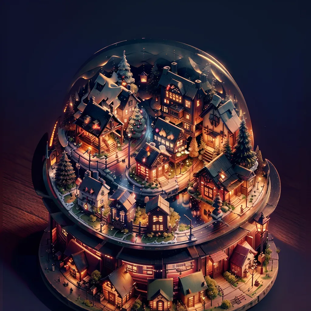 The image is a 3D rendering of a snow globe. Inside the snow globe is a winter village with several houses, trees, and a church. The houses are made of wood and have snow on their roofs. The trees are bare, except for one that is decorated with Christmas lights. There is a snowman in the center of the village. It is snowing in the village. The snow globe is sitting on a wooden table. There is a light on the table that is illuminating the snow globe. The background is a dark blue night sky.