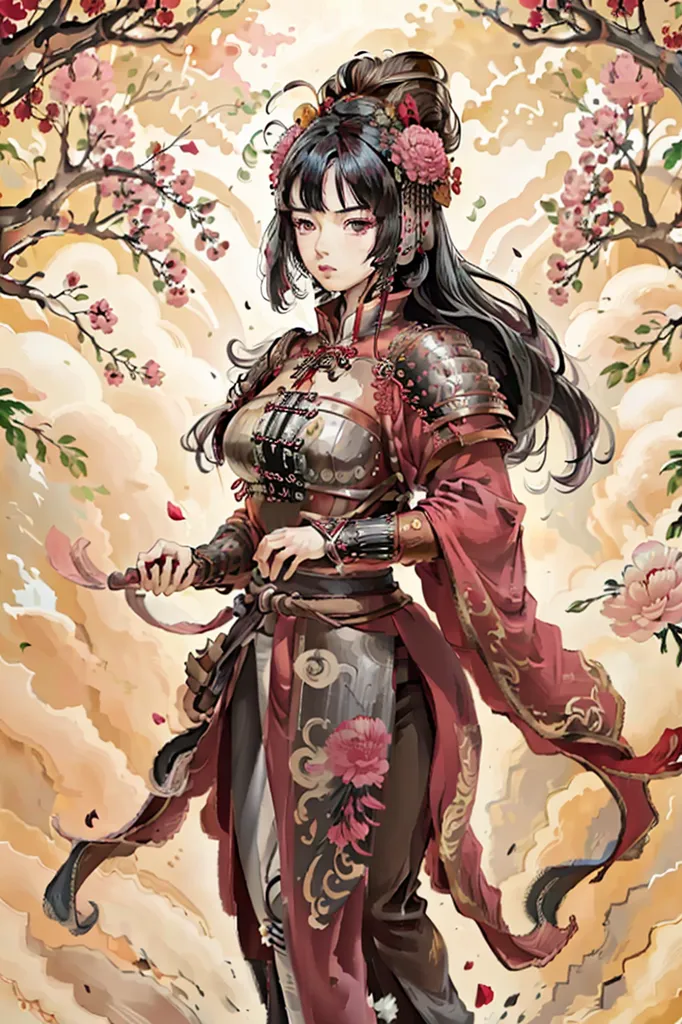 Esta es una imagen de una mujer con un vestido rojo y blanco sosteniendo una espada. Ella está de pie frente a un árbol de flores de cerezo rosa y blanco. El fondo es de color rosa claro. La mujer tiene el cabello negro largo y ojos marrones. Lleva un vestido blanco y rojo con un cinturón blanco. El vestido tiene un estampado floral. También lleva un collar y pendientes. La mujer sostiene una espada en su mano derecha. La espada tiene una hoja plateada y un mango rojo. La mujer está de pie en una pose segura. Mira al espectador con una expresión decidida.