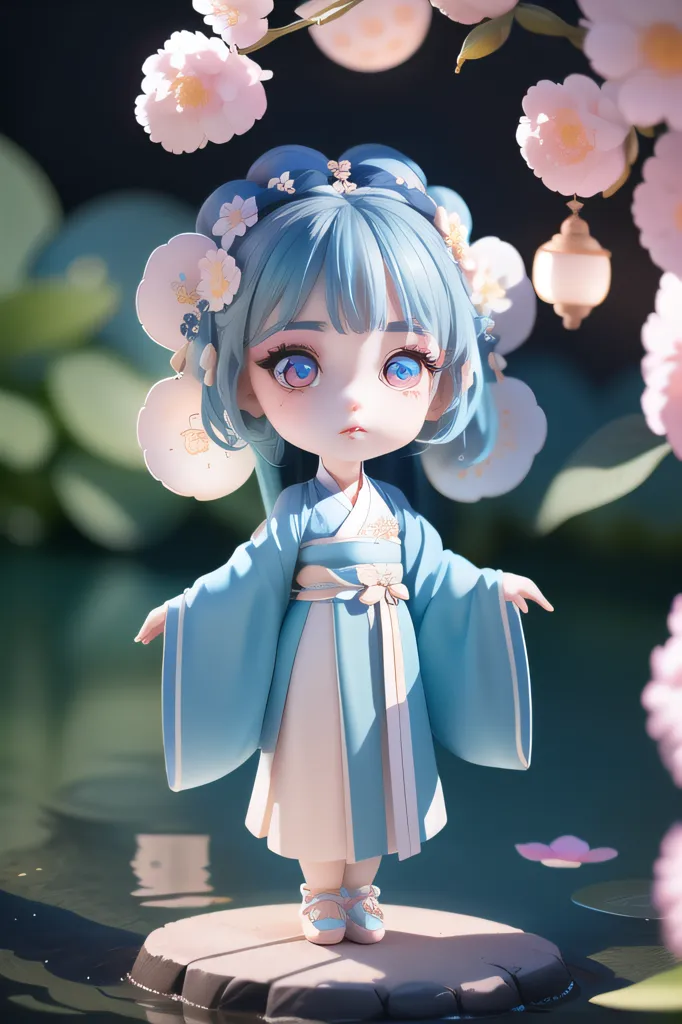 This is an image of a figurine of a girl in a blue and white outfit. She has blue hair and blue eyes. She is standing on a rock in a pond, surrounded by water lilies. There are also some flowers in the background. The girl is wearing a traditional Chinese dress with a white underskirt and a blue outer robe. The dress is decorated with pink and white flowers. She is also wearing a pair of white shoes with pink socks. The girl's hair is long and blue, and it is tied up in a bun. She has a pink flower in her hair. The girl's eyes are blue and she has long eyelashes. She is smiling.