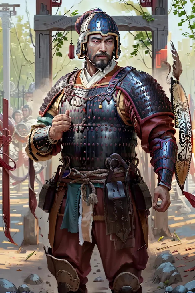 The image shows a Chinese warrior from the Ming Dynasty. He is wearing a helmet, a cuirass, and a pauldron. He is also carrying a shield and a sword. The warrior is standing in a determined pose, ready to fight. The background is a blur of trees and mountains.