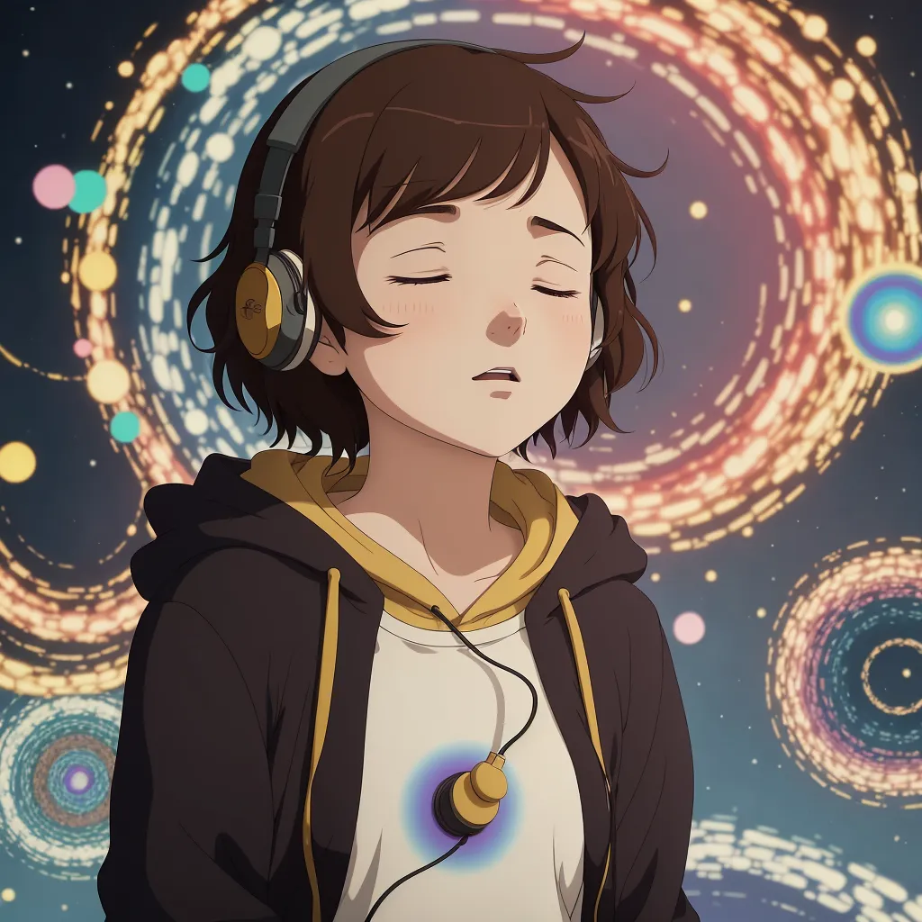 This is an image of a girl with brown hair and brown eyes. She is wearing a black hoodie with a white t-shirt underneath. She has yellow headphones on and her eyes are closed. She is standing in front of a colorful background with many different colors and shapes. There are also some stars in the background. The girl is most likely listening to music.