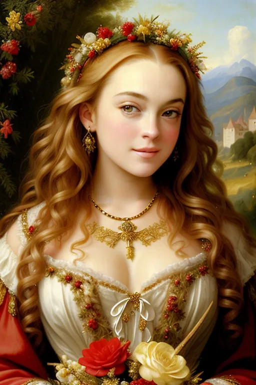 This image shows a young woman with long, wavy brown hair. She is wearing a white dress with a red sash and a gold necklace with a pendant in the shape of a bee. She is also wearing a wreath of red and white flowers. The background of the image is a landscape with mountains and a castle.