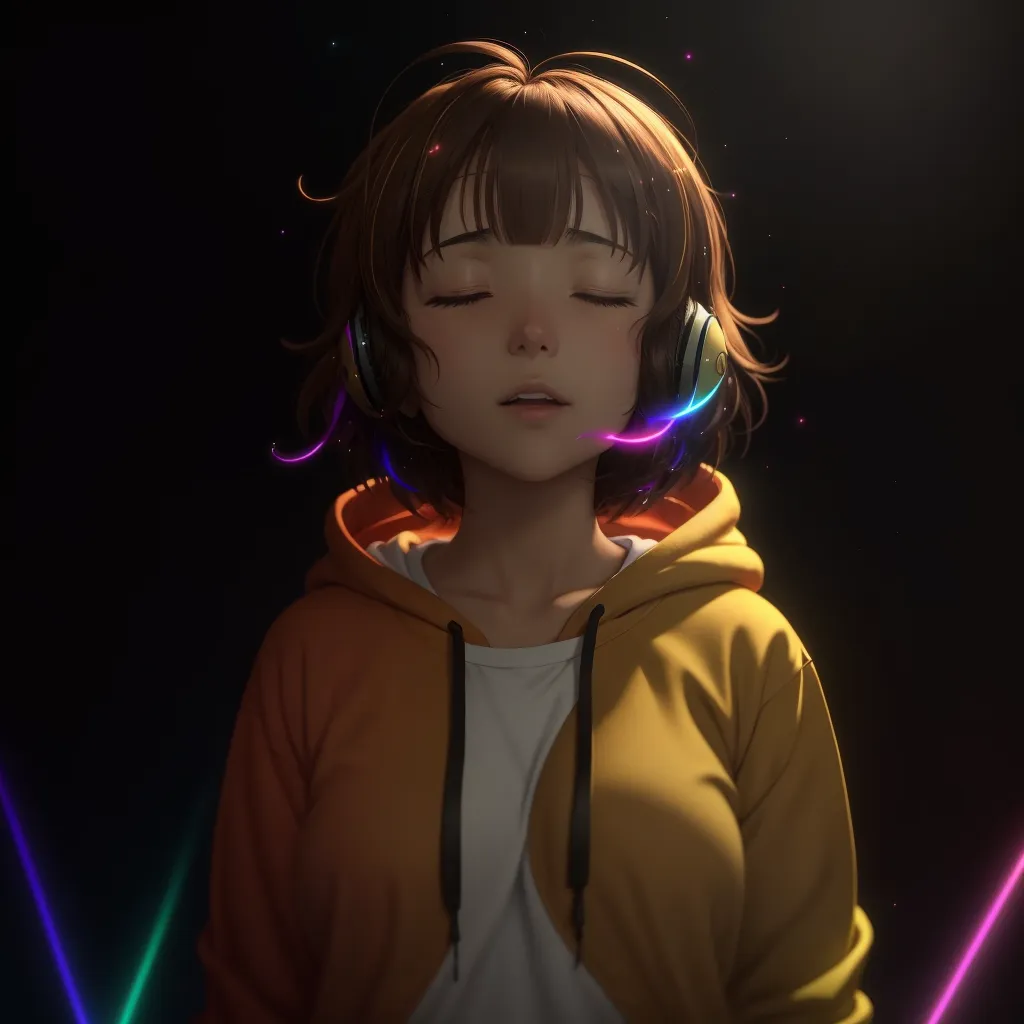 A girl with short brown hair and brown eyes is listening to music with her eyes closed. She is wearing a yellow hoodie and white t-shirt. There are colorful lights around her head and shoulders. The background is black.