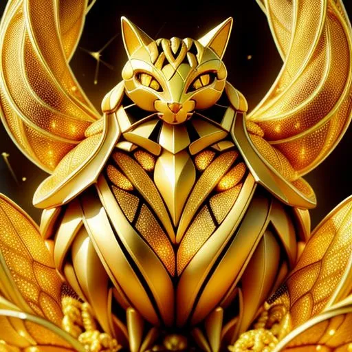 The image contains a golden cat with wings. The cat is sitting on a pedestal and has its wings spread out. The cat is looking at the viewer with its green eyes. The cat is wearing a collar with a golden bell. The background is black with a starry night sky and a crescent moon.