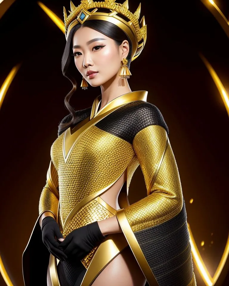 The image shows a beautiful woman with long black hair. She is wearing a golden crown and a golden dress with black accents. The dress has a plunging neckline and cutouts at the waist. She is also wearing black gloves. The woman is standing in front of a dark background with a golden glow around her.