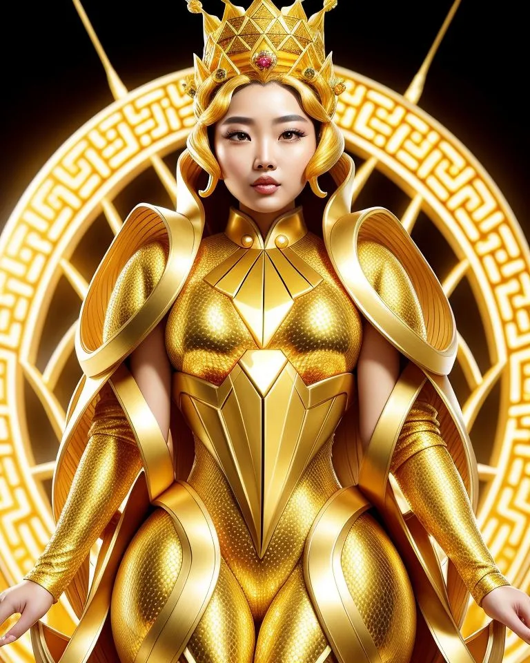 The image shows a woman wearing a golden armor and a golden crown. She is sitting on a golden throne. The background is black with a golden circle behind her. The woman has long golden hair and red lips. She is looking at the viewer with a serious expression.