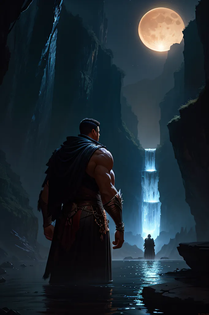 This is an image of a muscular man standing in a dark cave. He is wearing a dark cloak and there is a bright moon in the background. There is a waterfall in the distance and a mysterious figure standing in front of it. The man is looking at the figure.