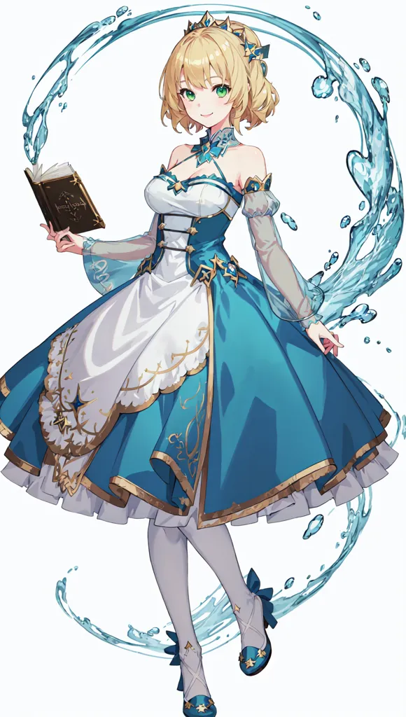 The image is of a young woman with long, flowing blonde hair and green eyes. She is wearing a blue and white dress with a white apron. The dress is trimmed with gold and has a sweetheart neckline. She is also wearing a gold crown and a pair of white gloves. She is holding a book in her left hand and has her right hand raised, as if she is casting a spell. She is standing in a circle of water, and there are water droplets floating around her.