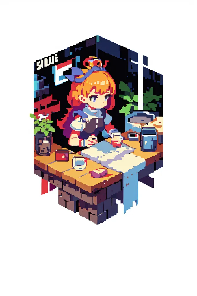 The image is a pixel art illustration of a girl sitting at a desk in a room. The girl has orange hair and is wearing a blue and white outfit. She is sitting at a desk that is covered in papers and books. There is a potted plant on the desk, and a window in the background. The room is lit by a lamp on the desk. The image has a warm and cozy feel to it.