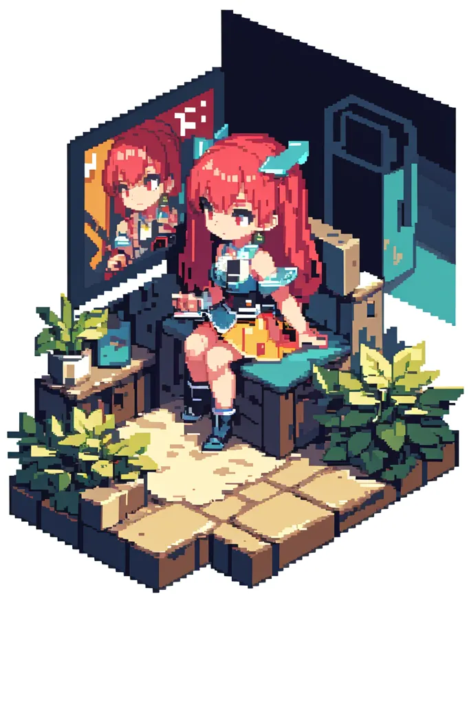 This is an image of a girl sitting on a bench in an isometric perspective. The girl has red hair and is wearing a blue and white outfit. She is sitting on a bench that is next to a wall. There is a painting on the wall behind her. There are plants on the ground next to the bench. The girl is looking at a laptop on her lap.