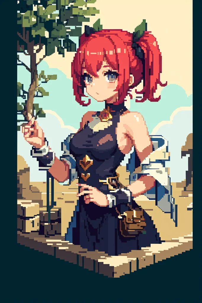 The image is a pixelated portrait of a young woman with red hair and green eyes. She is wearing a black dress with a white collar and a brown belt. She has a small brown bag hanging from her waist. She is standing in front of a stone wall with a tree growing in the background. The sky is blue and there are clouds in the distance.