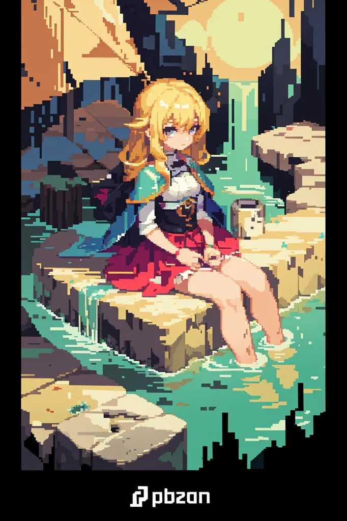 The image is a pixel art of a girl sitting on a rock in a river. The girl is wearing a red and white dress and has long blond hair. She is looking down at her feet in the water. The river is flowing over some rocks in the foreground. There is a building in the background. The image has a warm and peaceful atmosphere.