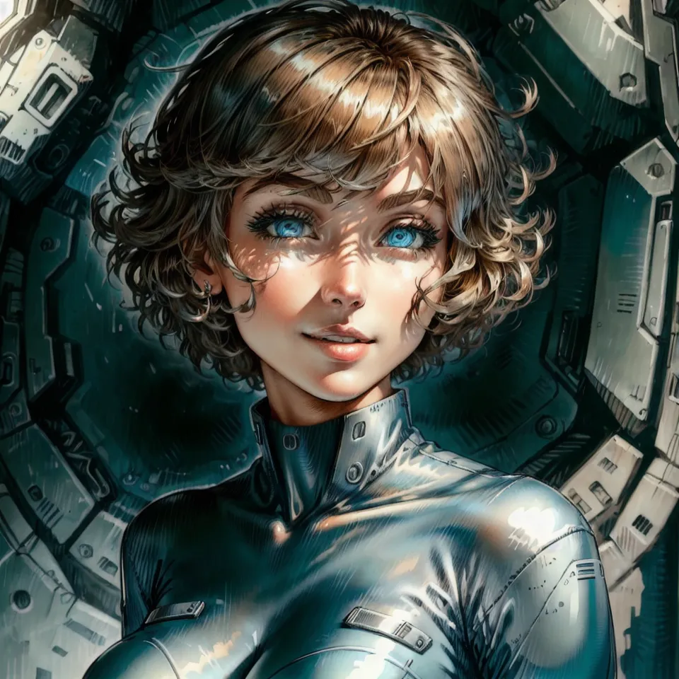 The image is a painting of a young woman with short brown hair and blue eyes. She is wearing a silver bodysuit with a high collar. The background is a blur of gray and blue. The woman's expression is one of determination and strength. She looks like she is ready to face any challenge that comes her way.